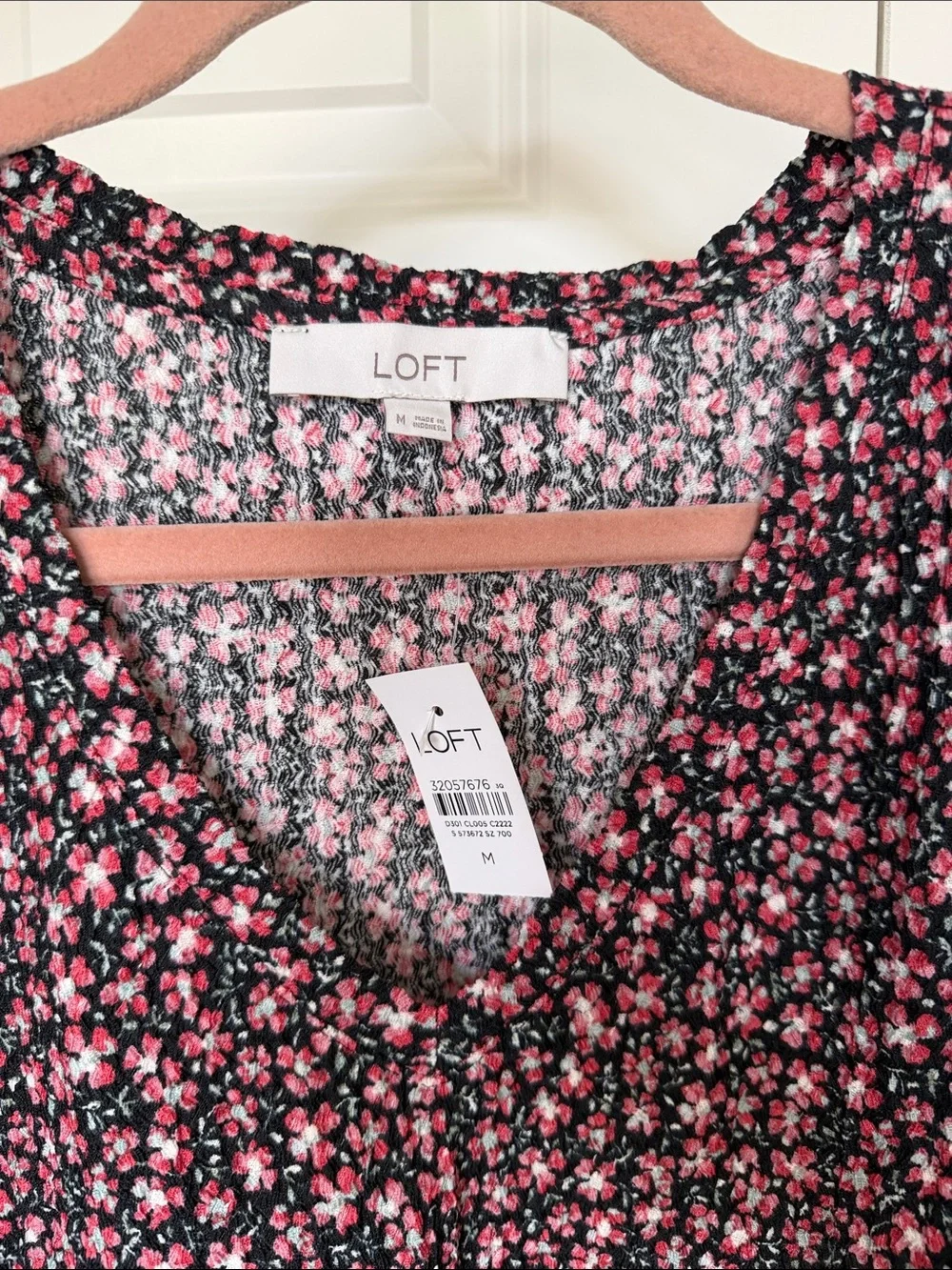 LOFT Black Floral V-Neck Puff Sleeve Blouse with Pink Flowers